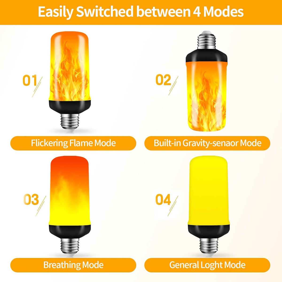 LED Flame Light Bulbs, Flickering Light Bulbs 4 Modes with Gravity Sensor, E26 Base Fire Light Bulb for Halloween, Christmas,Porch, Patio, Party, Indoor Outdoor Decor