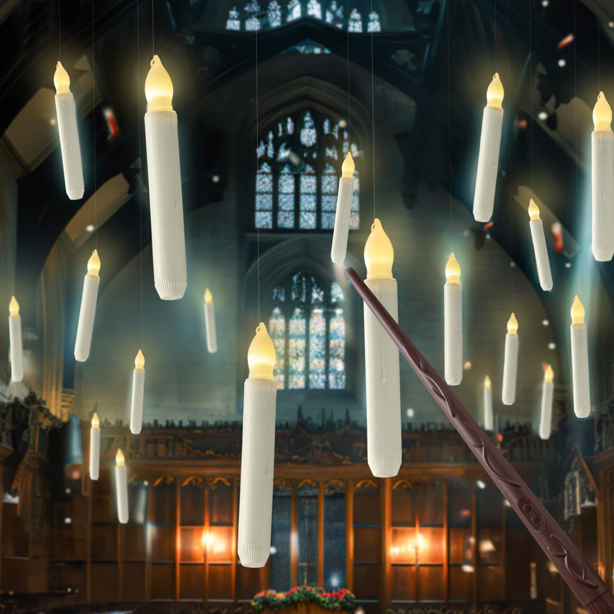 Hanging Floating Candles with Wand Remote and String, Flying Flameless LED Taper Candles Warm White Light, Battery Operated Window Candles with Wand for Halloween Christmas Party, 12 Pcs