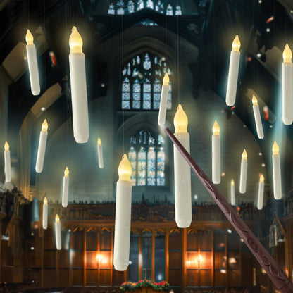 Hanging Floating Candles with Wand Remote and String, Flying Flameless LED Taper Candles Warm White Light, Battery Operated Window Candles with Wand for Halloween Christmas Party, 12 Pcs
