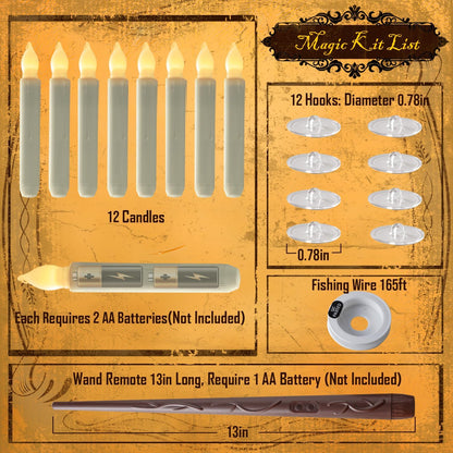 Hanging Floating Candles with Wand Remote and String, Flying Flameless LED Taper Candles Warm White Light, Battery Operated Window Candles with Wand for Halloween Christmas Party, 12 Pcs