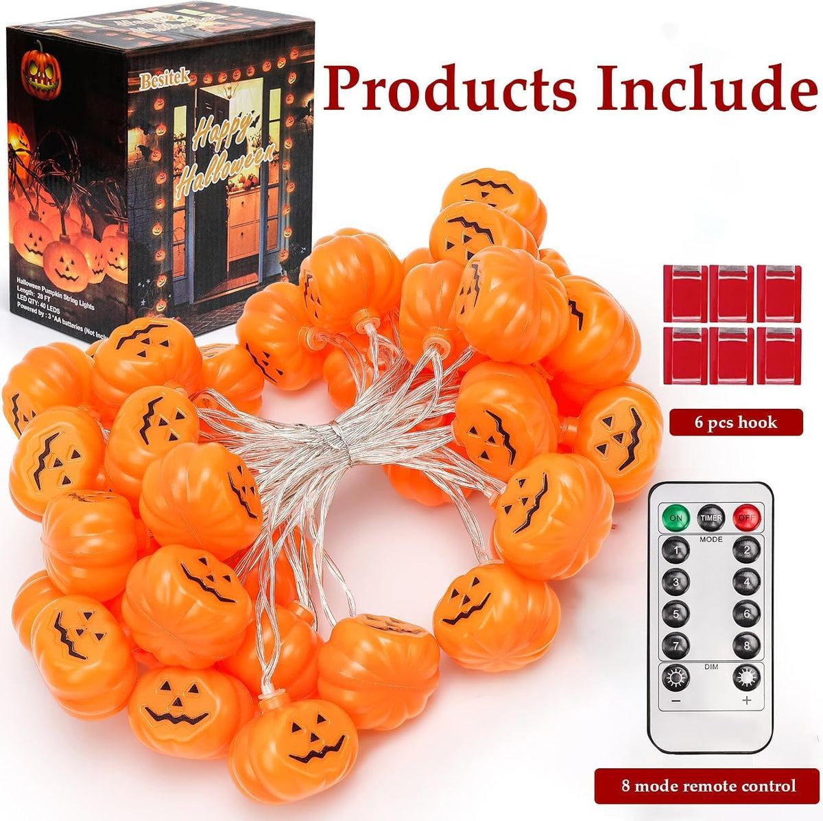 Halloween Pumpkin String Lights,20Ft 40 LED, Remote Control,8 Modes
