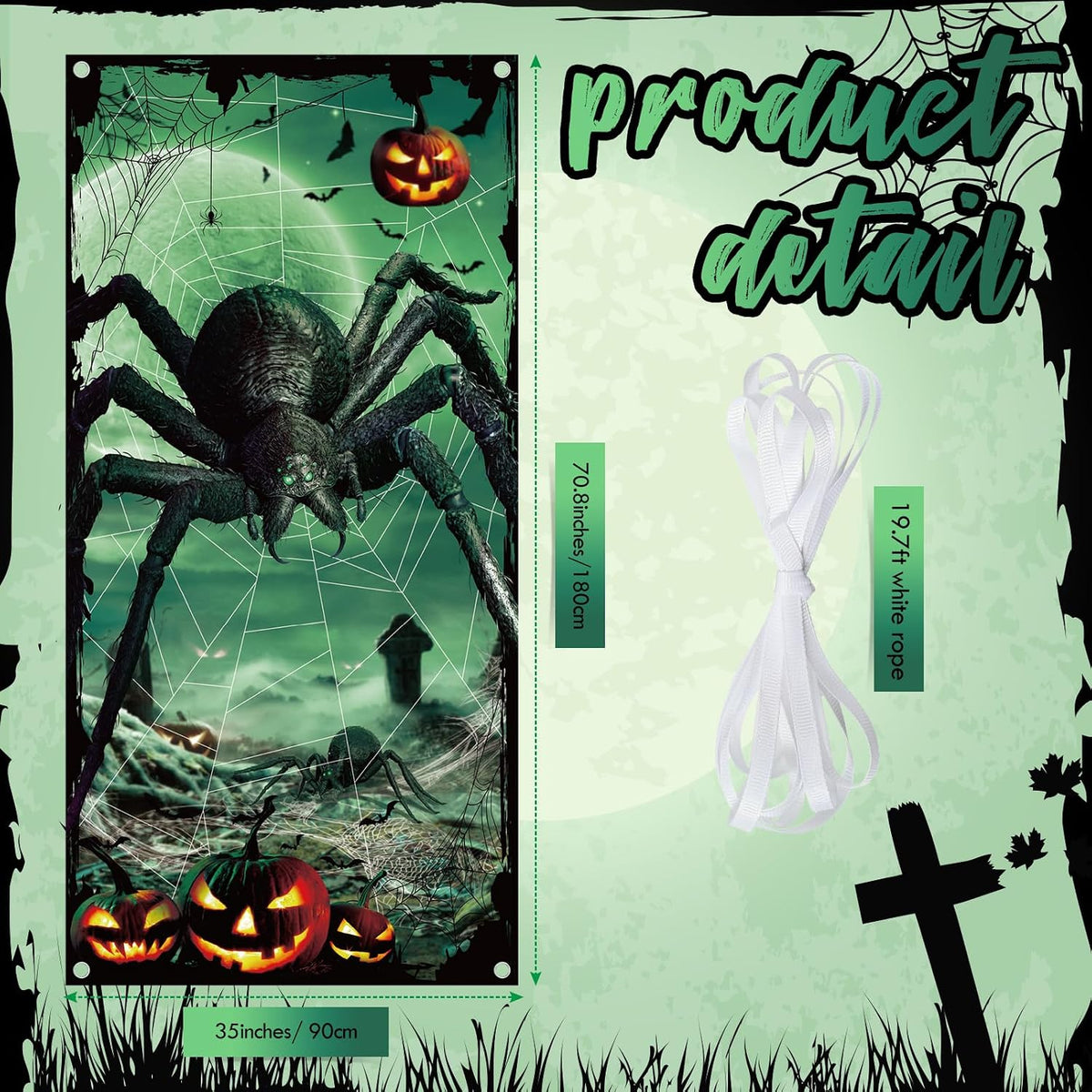 Halloween Door Decoration Scary Giant Spider Door Cover Pumpkins Bats Spider Webs Horror Door Banner for Halloween Party Home Indoor Outdoor Front Door Wall Decorations, 35 X 70.8 Inch