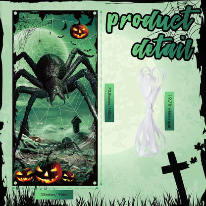 Halloween Door Decoration Scary Giant Spider Door Cover Pumpkins Bats Spider Webs Horror Door Banner for Halloween Party Home Indoor Outdoor Front Door Wall Decorations, 35 X 70.8 Inch
