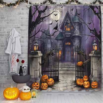Halloween Shower Curtain Scary Night Full Moon Black Dead Tree Gothic Haunted House Castle Pumpkin Courtyard Door Happy Halloween Bathroom Decor Fabric Curtain with Hooks