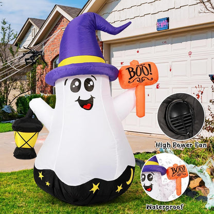 5 FT Halloween Inflatables Ghost Outdoor Decorations Blow up Yard Cute Wizard Ghost with Hand-Held Light with Built-In Leds for Garden Lawn Indoor Party Decor