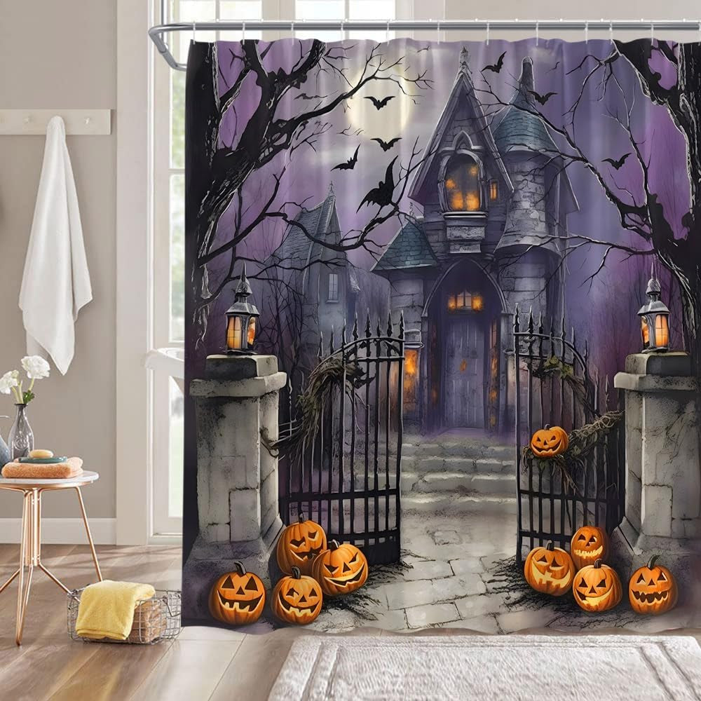 Halloween Shower Curtain Scary Night Full Moon Black Dead Tree Gothic Haunted House Castle Pumpkin Courtyard Door Happy Halloween Bathroom Decor Fabric Curtain with Hooks
