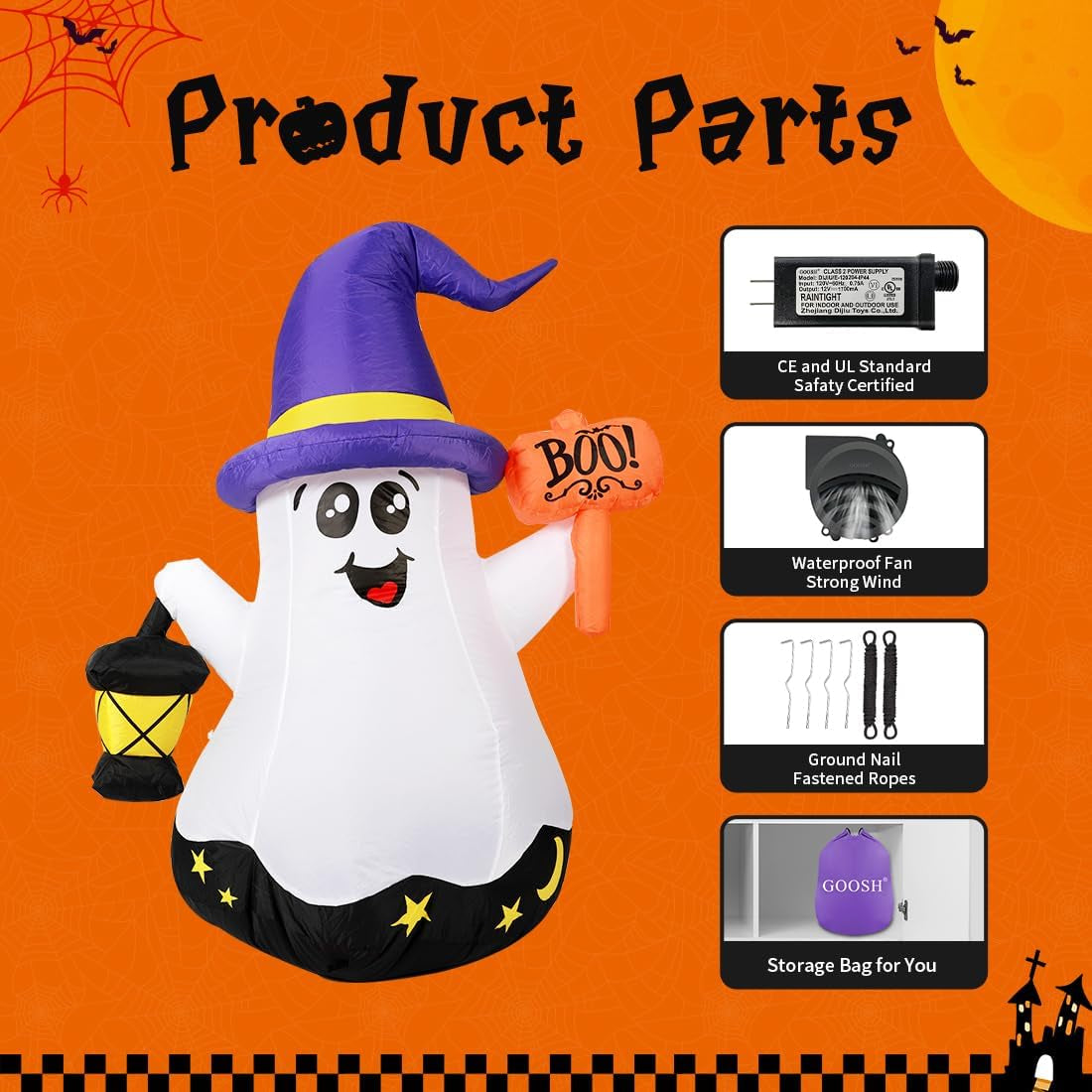 5 FT Halloween Inflatables Ghost Outdoor Decorations Blow up Yard Cute Wizard Ghost with Hand-Held Light with Built-In Leds for Garden Lawn Indoor Party Decor