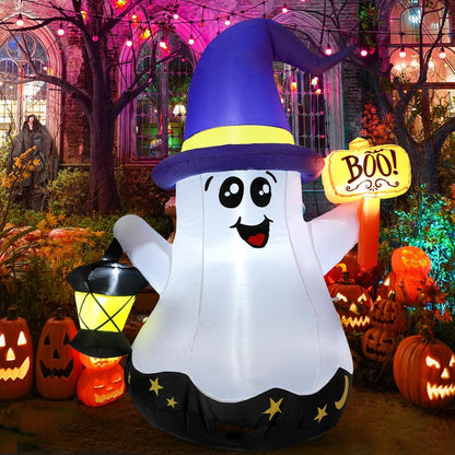 5 FT Halloween Inflatables Ghost Outdoor Decorations Blow up Yard Cute Wizard Ghost with Hand-Held Light with Built-In Leds for Garden Lawn Indoor Party Decor