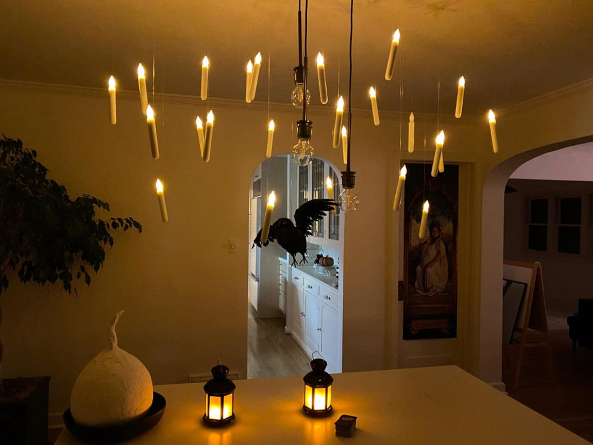 Hanging Floating Candles with Wand Remote and String, Flying Flameless LED Taper Candles Warm White Light, Battery Operated Window Candles with Wand for Halloween Christmas Party, 12 Pcs