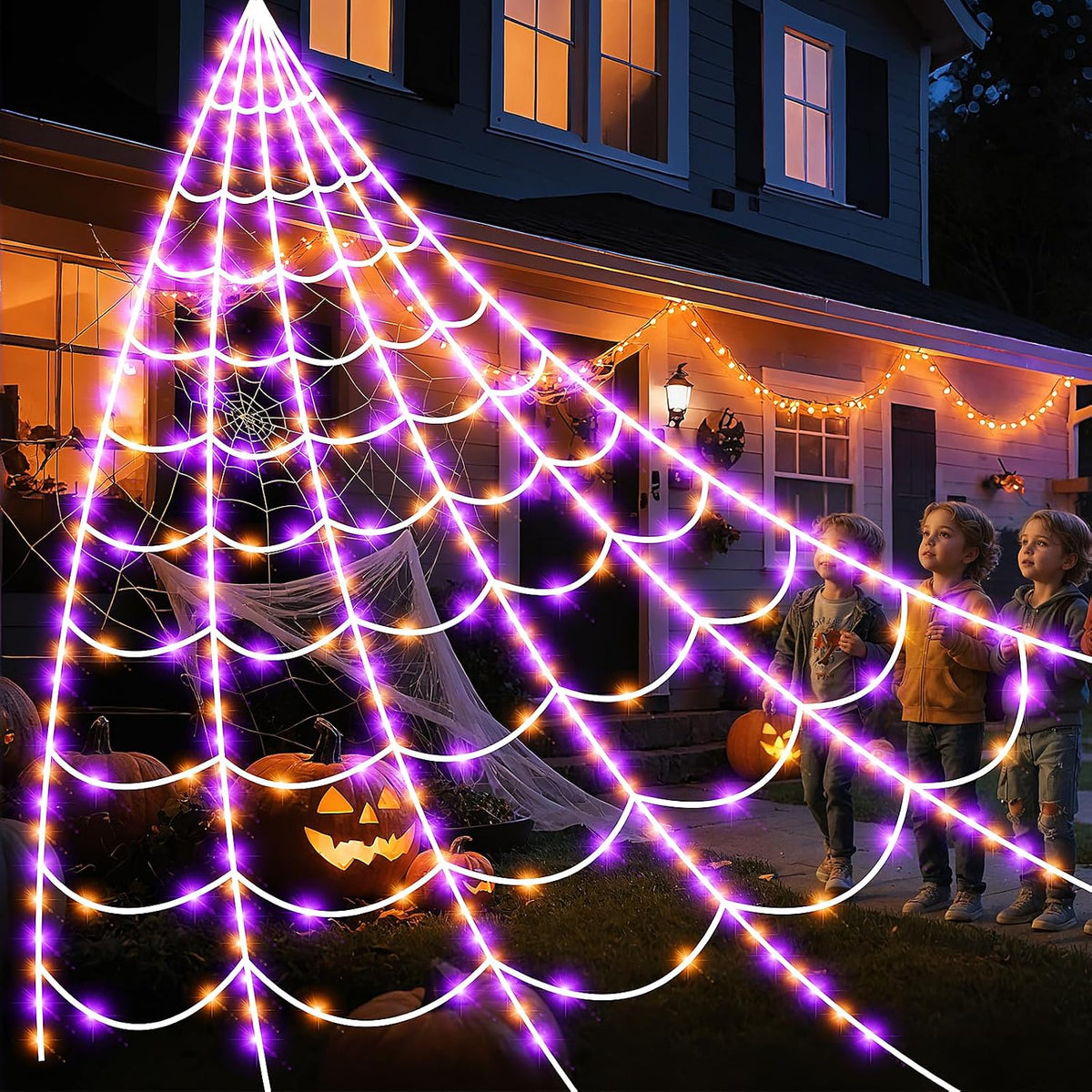 Halloween Spider Web Lights 250 LED Lighted Giant 16.4 Ft Halloween Decorations Light up with 8 Lighting Modes Outdoor Indoor Yard House Decor, Purple & Orange (250LED 16.4 FT Giant Spider Web)