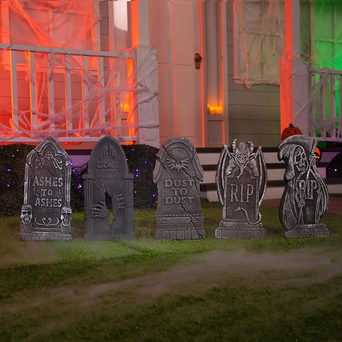 5 Pack Halloween Tombstone Outdoor Decorations,17 Inch Foam RIP Cemetery Headstone Decoration and 12 Halloween Yard Lawn Decoration Metal Stakes