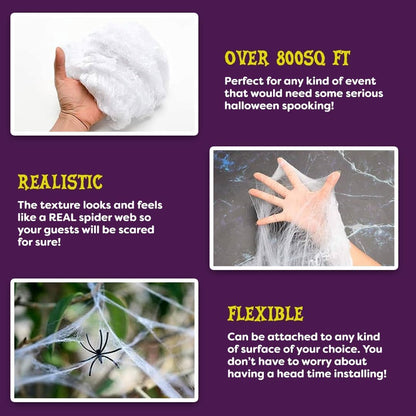 200 Sq. Ft Fake Spider Webs with 4 Fake Spiders for Decorations