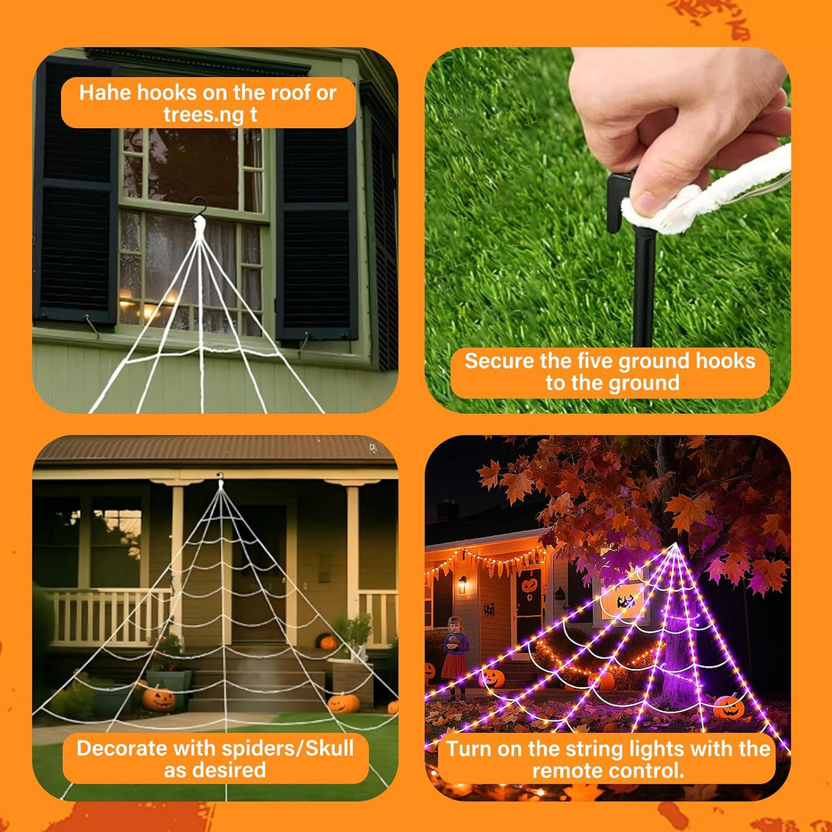 Halloween Spider Web Lights 250 LED Lighted Giant 16.4 Ft Halloween Decorations Light up with 8 Lighting Modes Outdoor Indoor Yard House Decor, Purple & Orange (250LED 16.4 FT Giant Spider Web)