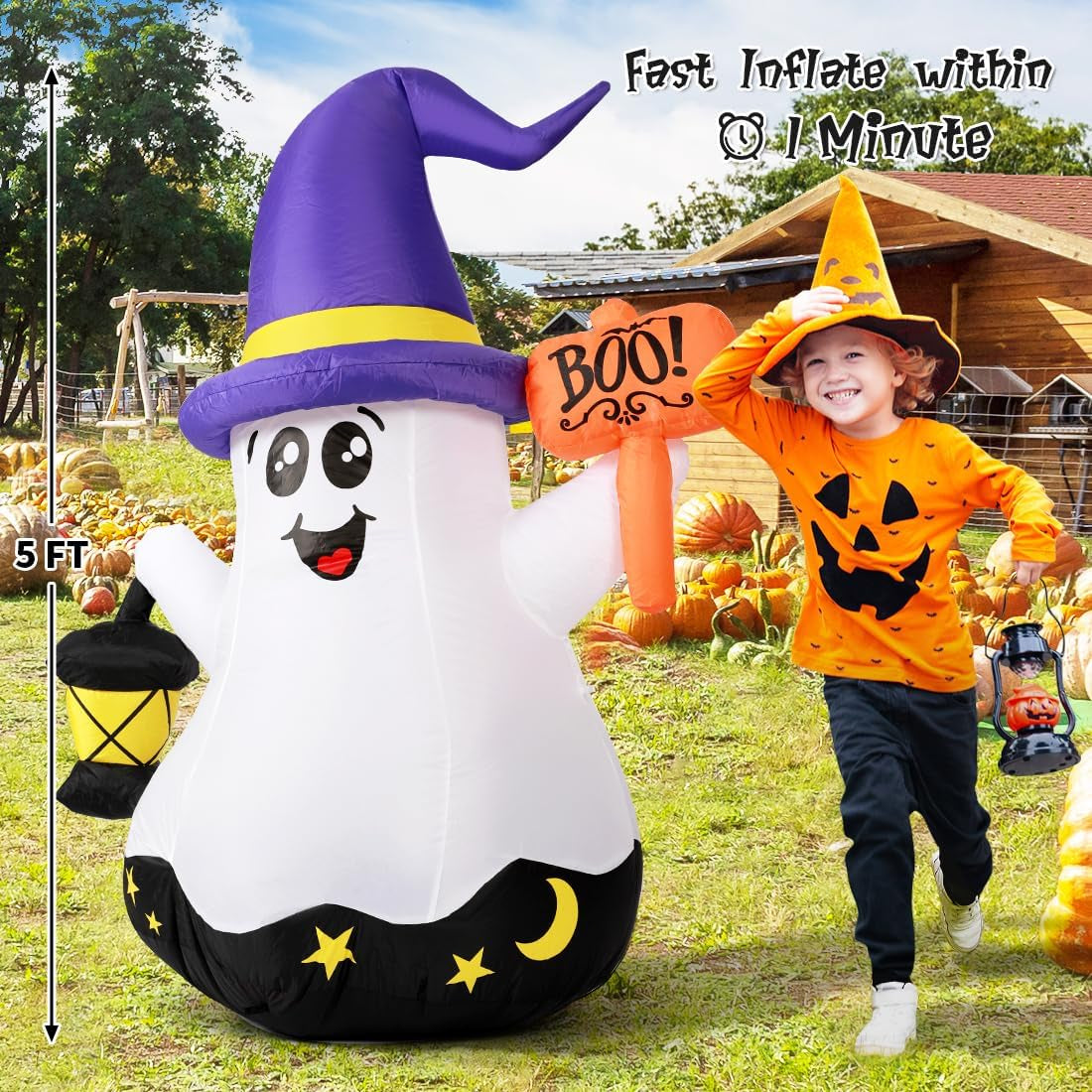5 FT Halloween Inflatables Ghost Outdoor Decorations Blow up Yard Cute Wizard Ghost with Hand-Held Light with Built-In Leds for Garden Lawn Indoor Party Decor