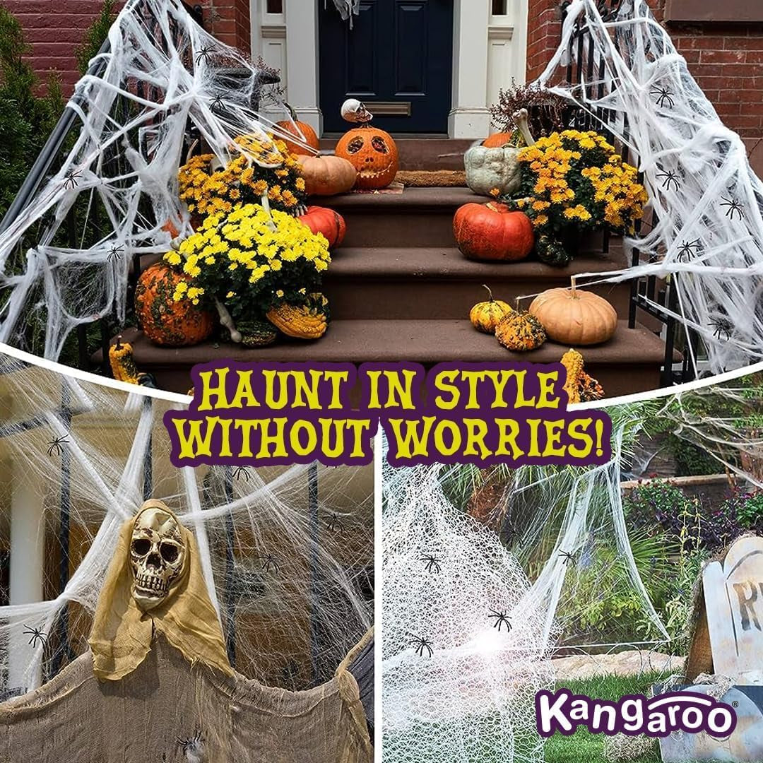 200 Sq. Ft Fake Spider Webs with 4 Fake Spiders for Decorations