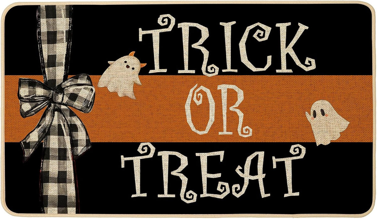 Halloween Doormat Trick or Treat Ghost Bow Decorative Front Door Mat Black Orange Indoor Outdoor Mats Non-Slip Rubber Backing Seasonal Kitchen Entrance Floor Decoration 17 X 29 Inch