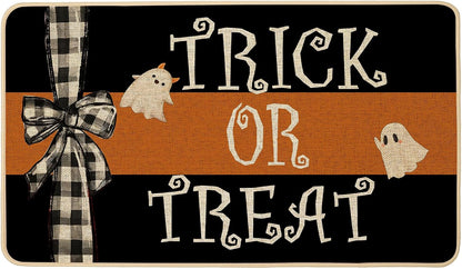Halloween Doormat Trick or Treat Ghost Bow Decorative Front Door Mat Black Orange Indoor Outdoor Mats Non-Slip Rubber Backing Seasonal Kitchen Entrance Floor Decoration 17 X 29 Inch