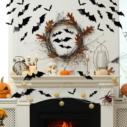 120 Pcs 3D Bats Halloween Decorations,Halloween Wall Decor 4 Sizes Black Bats Sticker for Wall Window