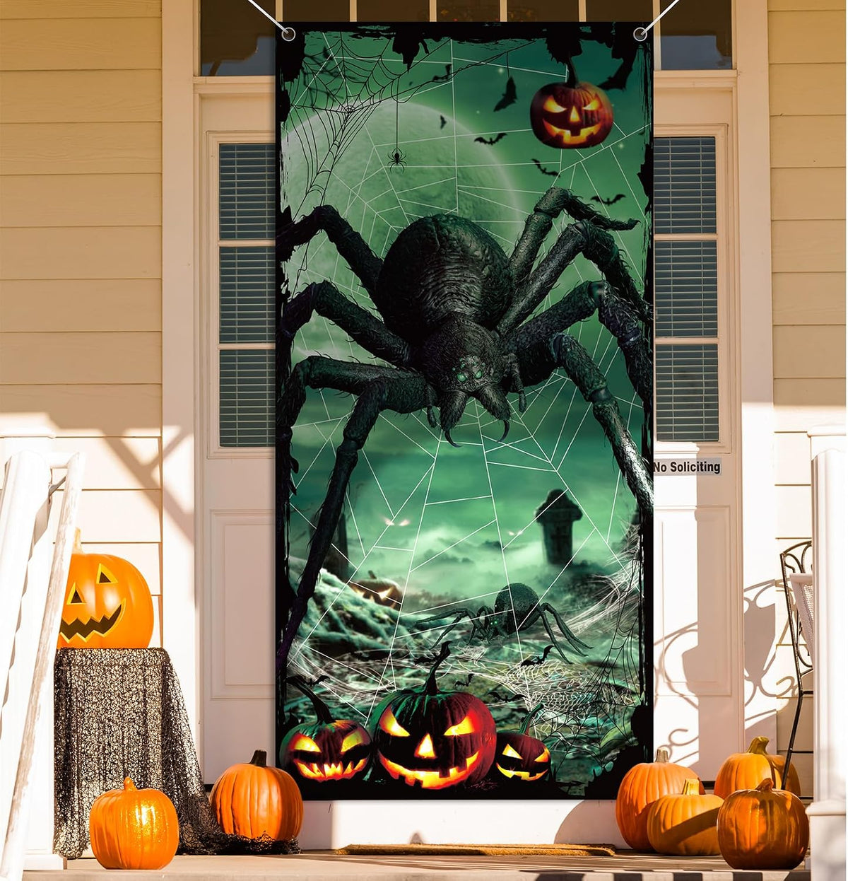 Halloween Door Decoration Scary Giant Spider Door Cover Pumpkins Bats Spider Webs Horror Door Banner for Halloween Party Home Indoor Outdoor Front Door Wall Decorations, 35 X 70.8 Inch