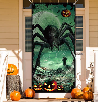 Halloween Door Decoration Scary Giant Spider Door Cover Pumpkins Bats Spider Webs Horror Door Banner for Halloween Party Home Indoor Outdoor Front Door Wall Decorations, 35 X 70.8 Inch