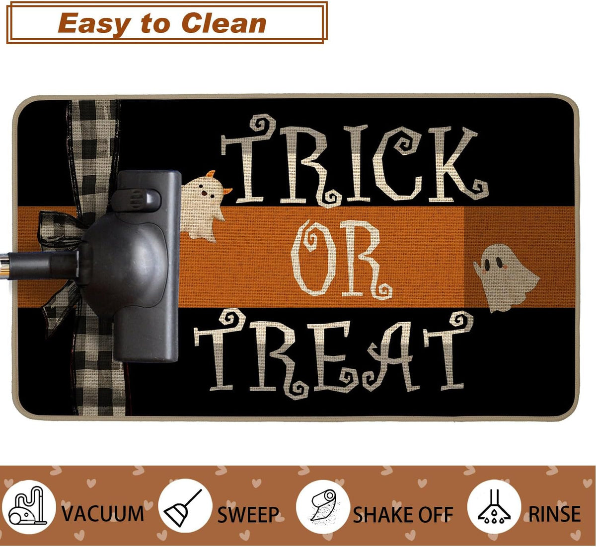 Halloween Doormat Trick or Treat Ghost Bow Decorative Front Door Mat Black Orange Indoor Outdoor Mats Non-Slip Rubber Backing Seasonal Kitchen Entrance Floor Decoration 17 X 29 Inch