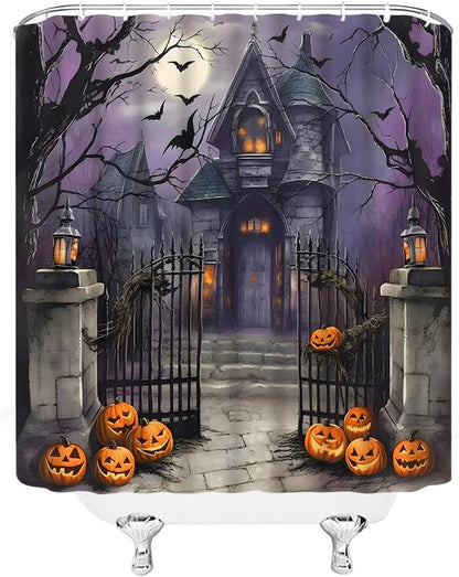 Halloween Shower Curtain Scary Night Full Moon Black Dead Tree Gothic Haunted House Castle Pumpkin Courtyard Door Happy Halloween Bathroom Decor Fabric Curtain with Hooks