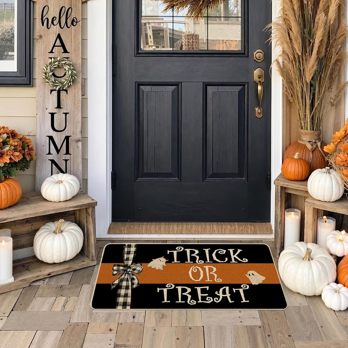 Halloween Doormat Trick or Treat Ghost Bow Decorative Front Door Mat Black Orange Indoor Outdoor Mats Non-Slip Rubber Backing Seasonal Kitchen Entrance Floor Decoration 17 X 29 Inch