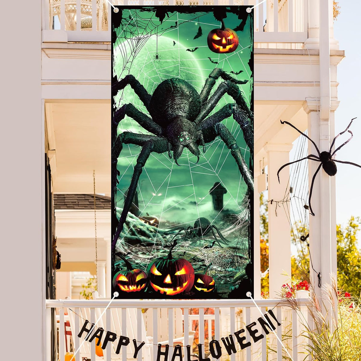 Halloween Door Decoration Scary Giant Spider Door Cover Pumpkins Bats Spider Webs Horror Door Banner for Halloween Party Home Indoor Outdoor Front Door Wall Decorations, 35 X 70.8 Inch