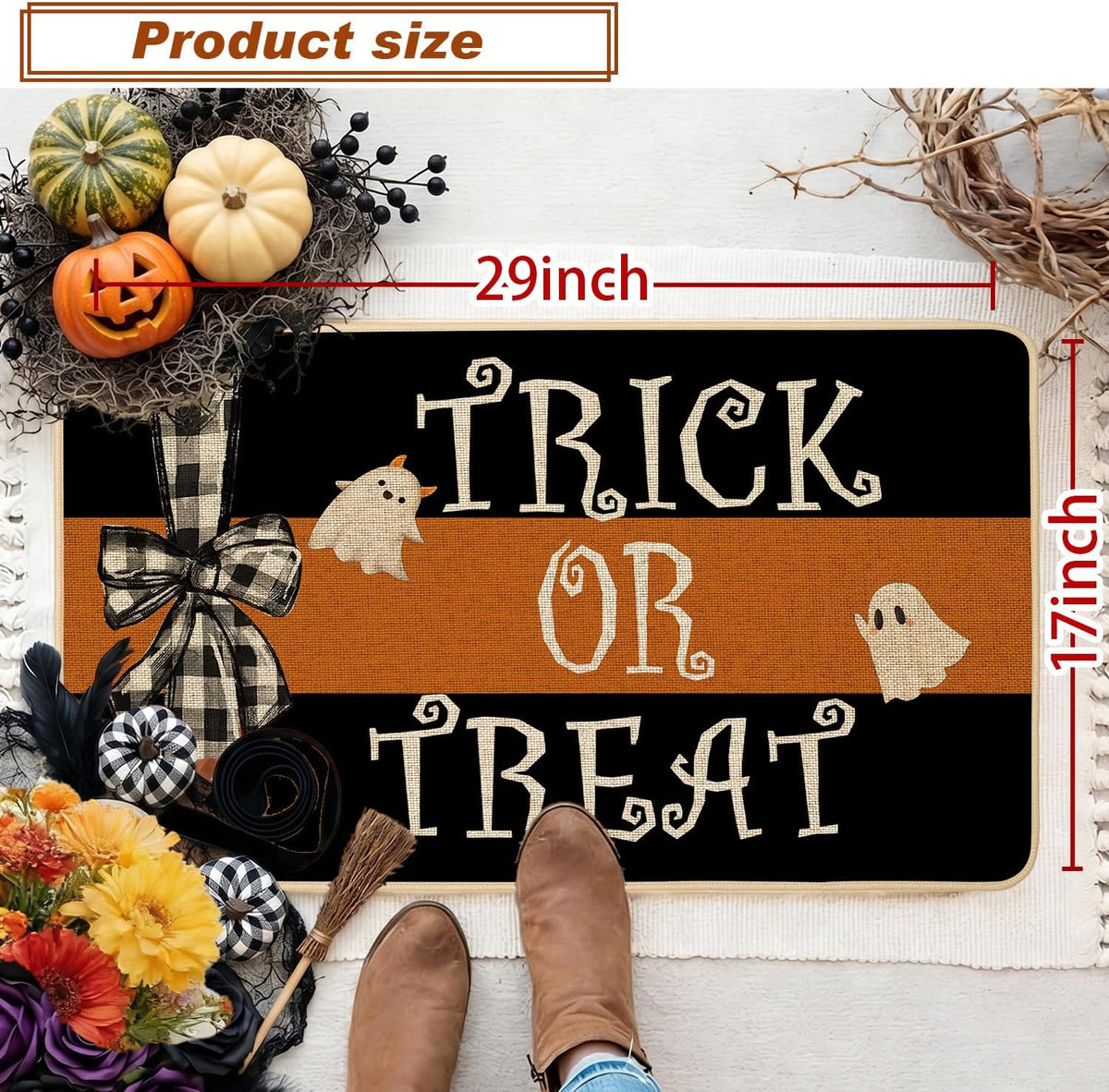 Halloween Doormat Trick or Treat Ghost Bow Decorative Front Door Mat Black Orange Indoor Outdoor Mats Non-Slip Rubber Backing Seasonal Kitchen Entrance Floor Decoration 17 X 29 Inch