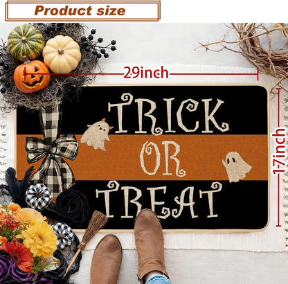 Halloween Doormat Trick or Treat Ghost Bow Decorative Front Door Mat Black Orange Indoor Outdoor Mats Non-Slip Rubber Backing Seasonal Kitchen Entrance Floor Decoration 17 X 29 Inch