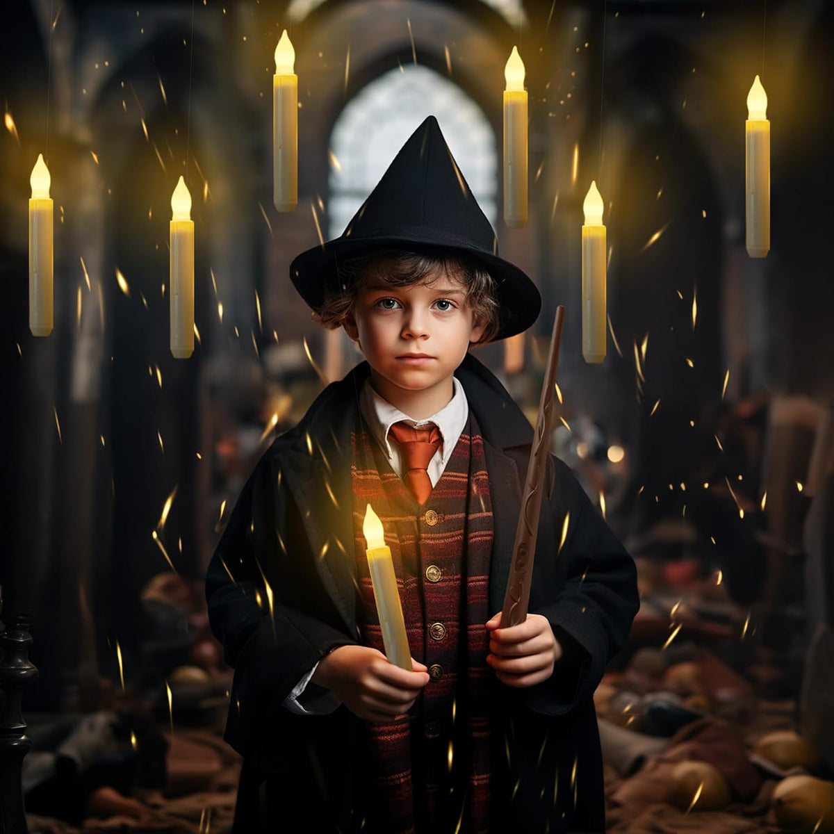 Hanging Floating Candles with Wand Remote and String, Flying Flameless LED Taper Candles Warm White Light, Battery Operated Window Candles with Wand for Halloween Christmas Party, 12 Pcs