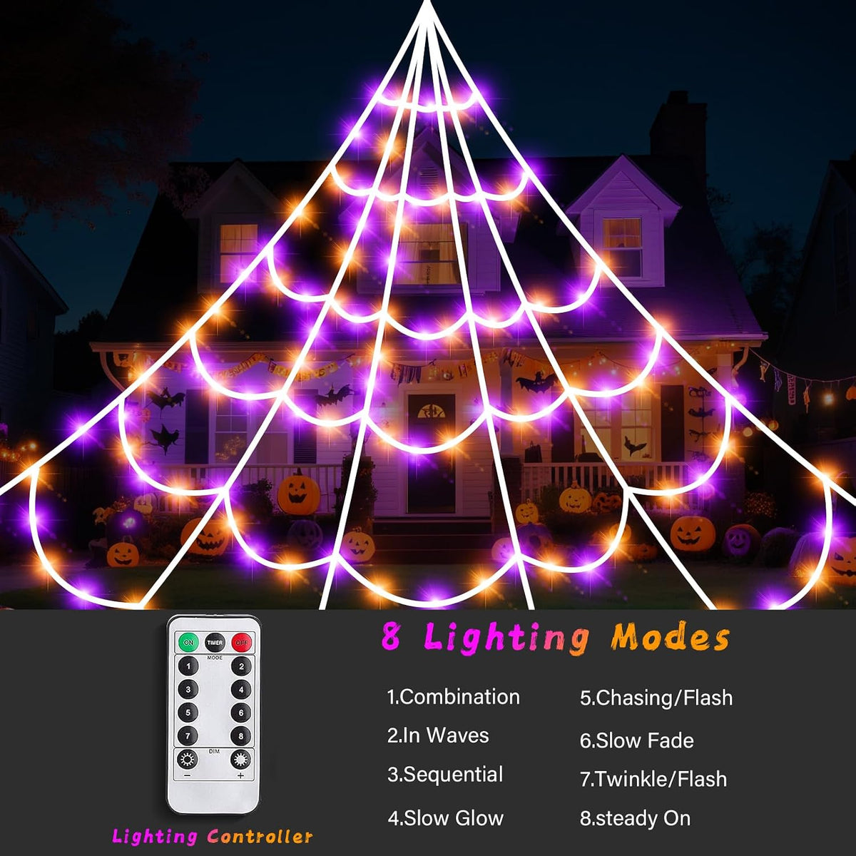 Halloween Spider Web Lights 250 LED Lighted Giant 16.4 Ft Halloween Decorations Light up with 8 Lighting Modes Outdoor Indoor Yard House Decor, Purple & Orange (250LED 16.4 FT Giant Spider Web)