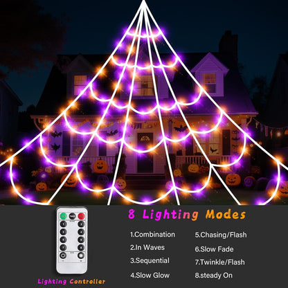 Halloween Spider Web Lights 250 LED Lighted Giant 16.4 Ft Halloween Decorations Light up with 8 Lighting Modes Outdoor Indoor Yard House Decor, Purple & Orange (250LED 16.4 FT Giant Spider Web)