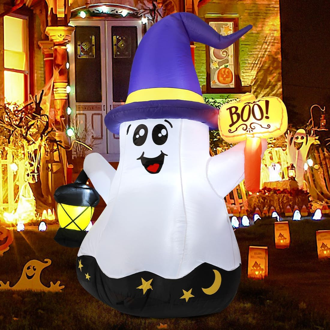 5 FT Halloween Inflatables Ghost Outdoor Decorations Blow up Yard Cute Wizard Ghost with Hand-Held Light with Built-In Leds for Garden Lawn Indoor Party Decor