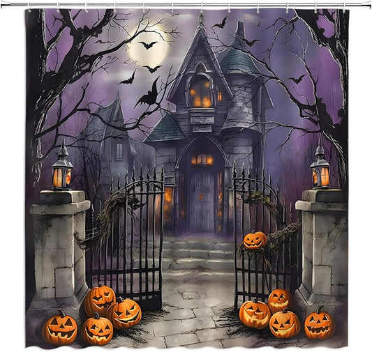 Halloween Shower Curtain Scary Night Full Moon Black Dead Tree Gothic Haunted House Castle Pumpkin Courtyard Door Happy Halloween Bathroom Decor Fabric Curtain with Hooks