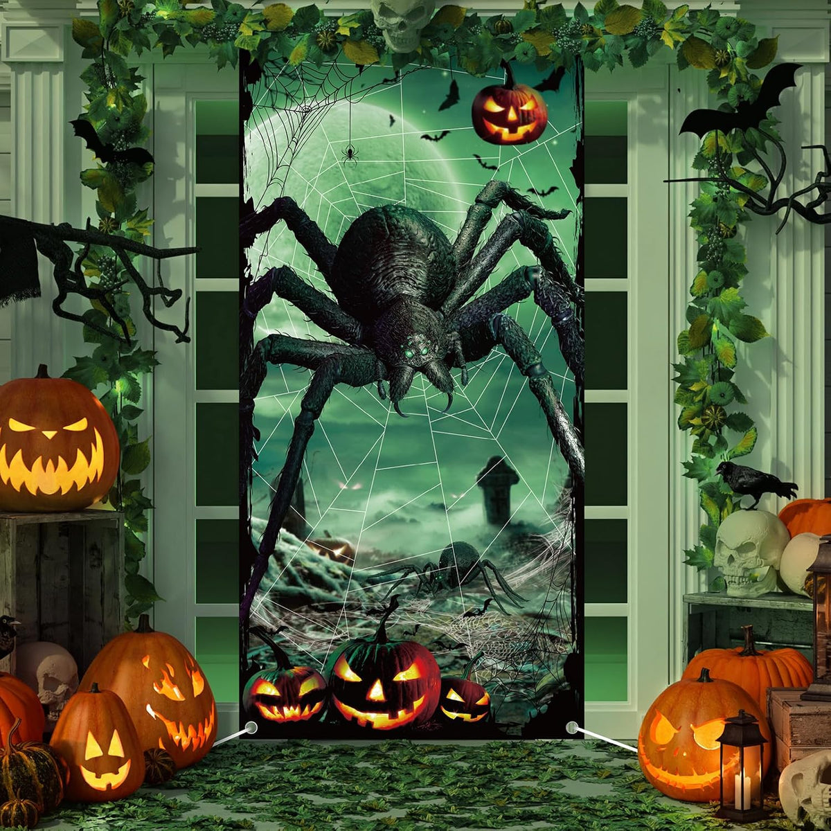 Halloween Door Decoration Scary Giant Spider Door Cover Pumpkins Bats Spider Webs Horror Door Banner for Halloween Party Home Indoor Outdoor Front Door Wall Decorations, 35 X 70.8 Inch