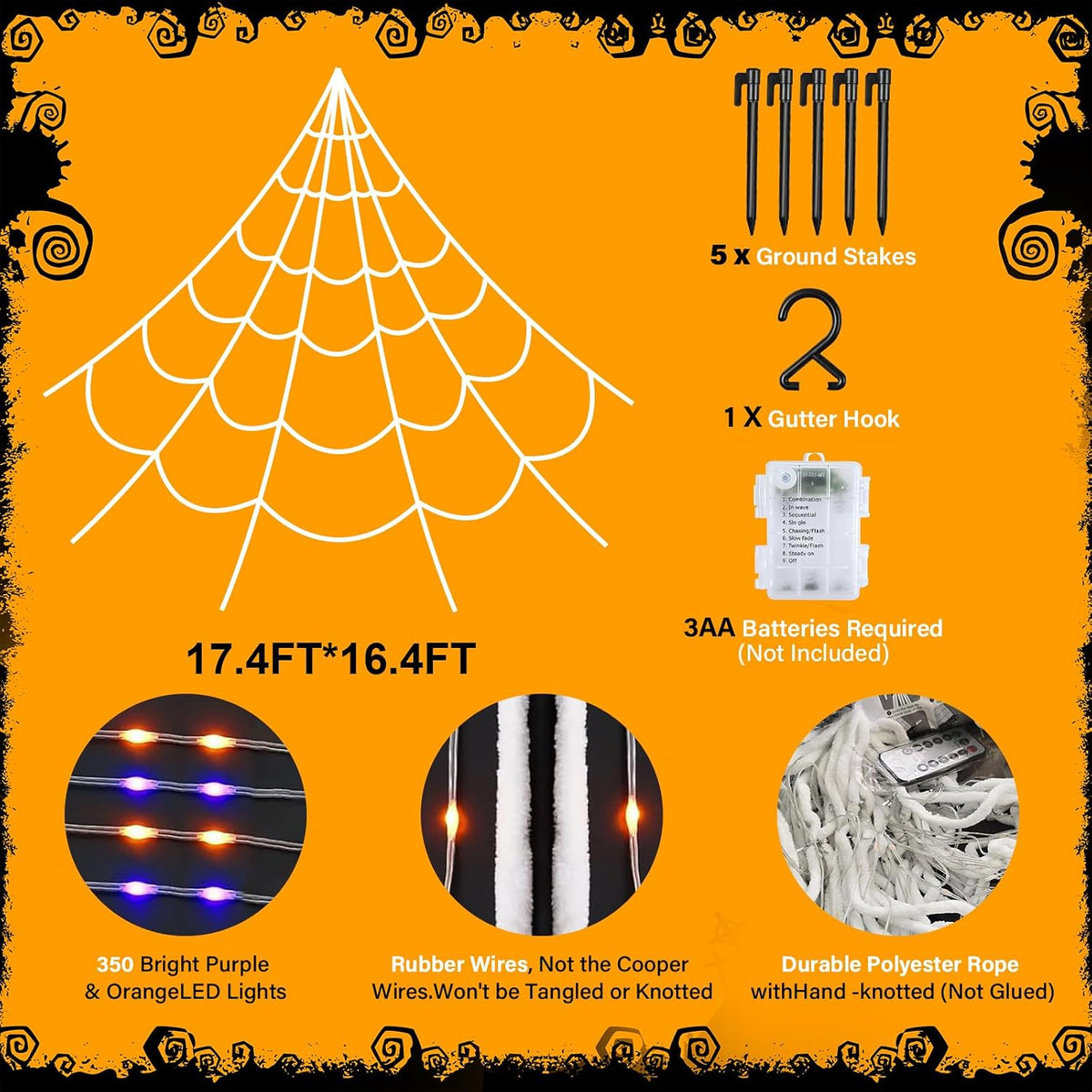 Halloween Spider Web Lights 250 LED Lighted Giant 16.4 Ft Halloween Decorations Light up with 8 Lighting Modes Outdoor Indoor Yard House Decor, Purple & Orange (250LED 16.4 FT Giant Spider Web)