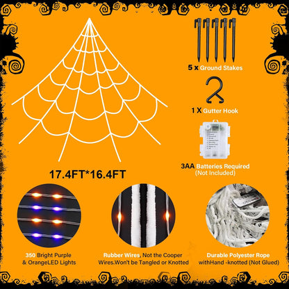Halloween Spider Web Lights 250 LED Lighted Giant 16.4 Ft Halloween Decorations Light up with 8 Lighting Modes Outdoor Indoor Yard House Decor, Purple & Orange (250LED 16.4 FT Giant Spider Web)