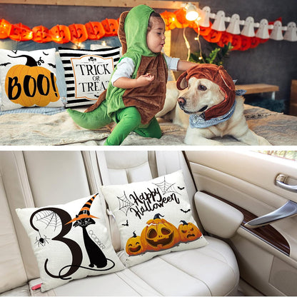 Halloween Pillow Covers 18X18 Set of 4 Trick or Treat Pillow Covers Happy Halloween Linen Sofa Bed Throw Cushion Cover Decoration