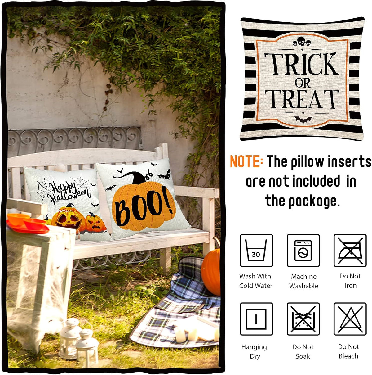 Halloween Pillow Covers 18X18 Set of 4 Trick or Treat Pillow Covers Happy Halloween Linen Sofa Bed Throw Cushion Cover Decoration