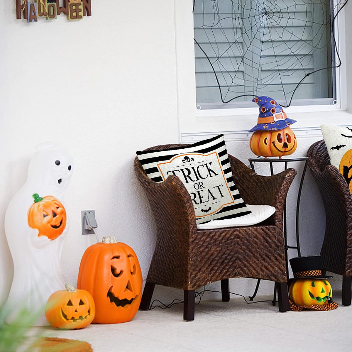 Halloween Pillow Covers 18X18 Set of 4 Trick or Treat Pillow Covers Happy Halloween Linen Sofa Bed Throw Cushion Cover Decoration