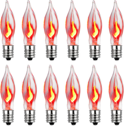 Halloween Flicker Flame Light Bulbs, 12 Pack Crystal Clear Flickering Light Bulbs, 1 Watt C7/E12 Candelabra Replacement Bulb for Electric Candle Chandelier String Lights Halloween Christmas Decoration