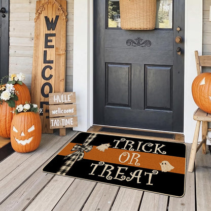 Halloween Doormat Trick or Treat Ghost Bow Decorative Front Door Mat Black Orange Indoor Outdoor Mats Non-Slip Rubber Backing Seasonal Kitchen Entrance Floor Decoration 17 X 29 Inch