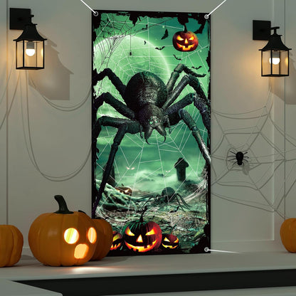 Halloween Door Decoration Scary Giant Spider Door Cover Pumpkins Bats Spider Webs Horror Door Banner for Halloween Party Home Indoor Outdoor Front Door Wall Decorations, 35 X 70.8 Inch