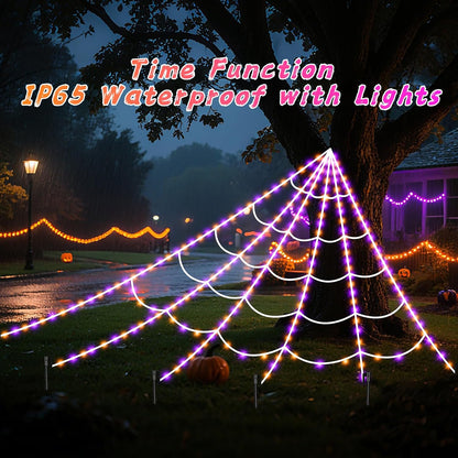 Halloween Spider Web Lights 250 LED Lighted Giant 16.4 Ft Halloween Decorations Light up with 8 Lighting Modes Outdoor Indoor Yard House Decor, Purple & Orange (250LED 16.4 FT Giant Spider Web)