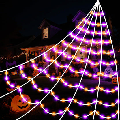 Halloween Spider Web Lights 250 LED Lighted Giant 16.4 Ft Halloween Decorations Light up with 8 Lighting Modes Outdoor Indoor Yard House Decor, Purple & Orange (250LED 16.4 FT Giant Spider Web)