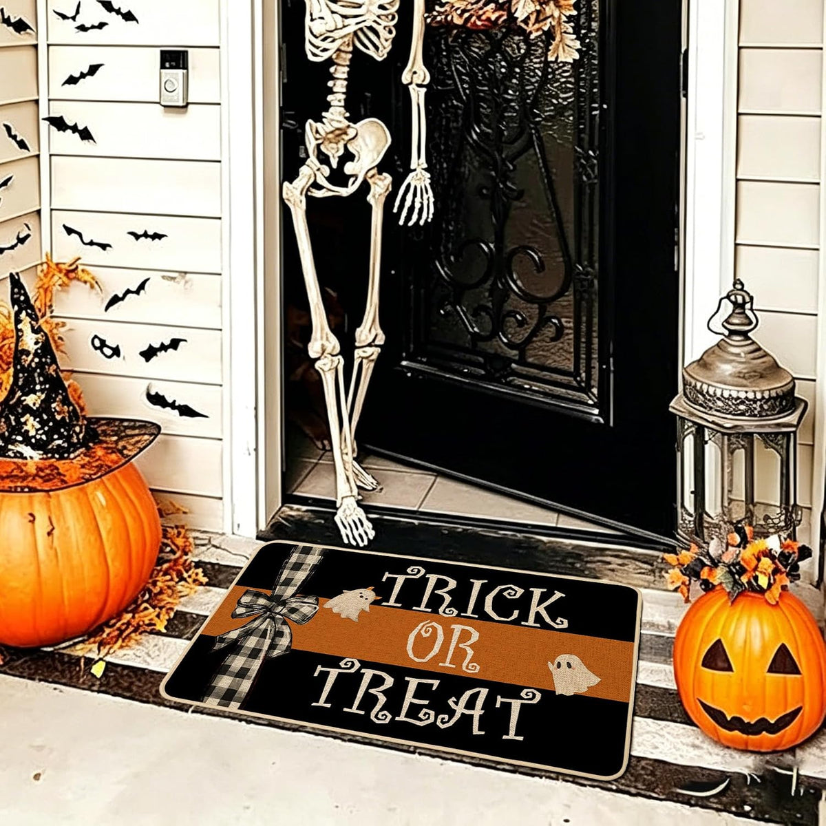 Halloween Doormat Trick or Treat Ghost Bow Decorative Front Door Mat Black Orange Indoor Outdoor Mats Non-Slip Rubber Backing Seasonal Kitchen Entrance Floor Decoration 17 X 29 Inch