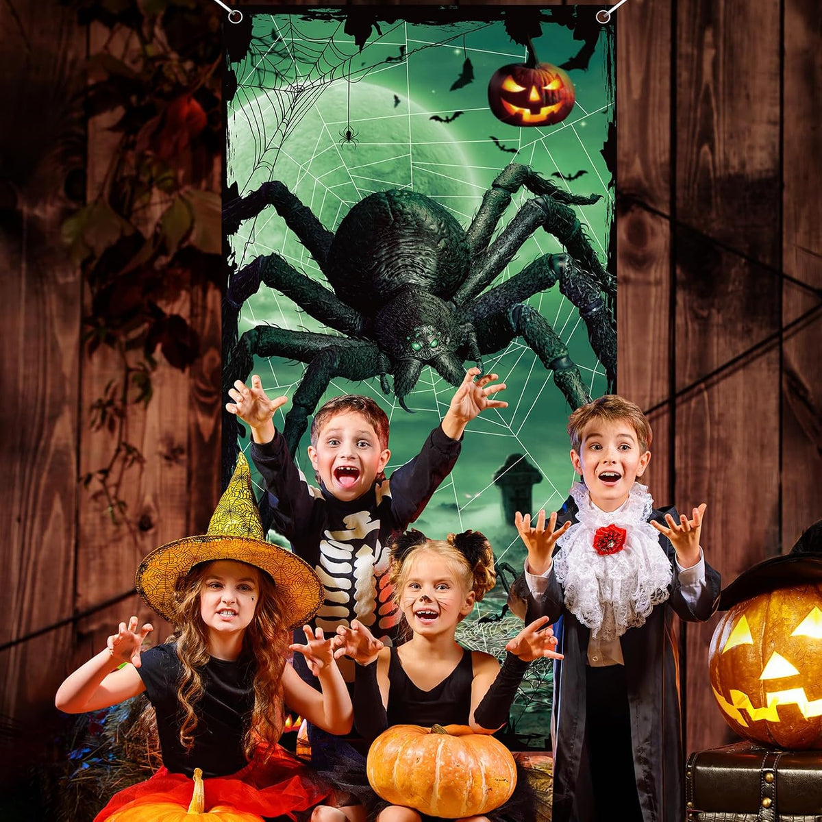 Halloween Door Decoration Scary Giant Spider Door Cover Pumpkins Bats Spider Webs Horror Door Banner for Halloween Party Home Indoor Outdoor Front Door Wall Decorations, 35 X 70.8 Inch