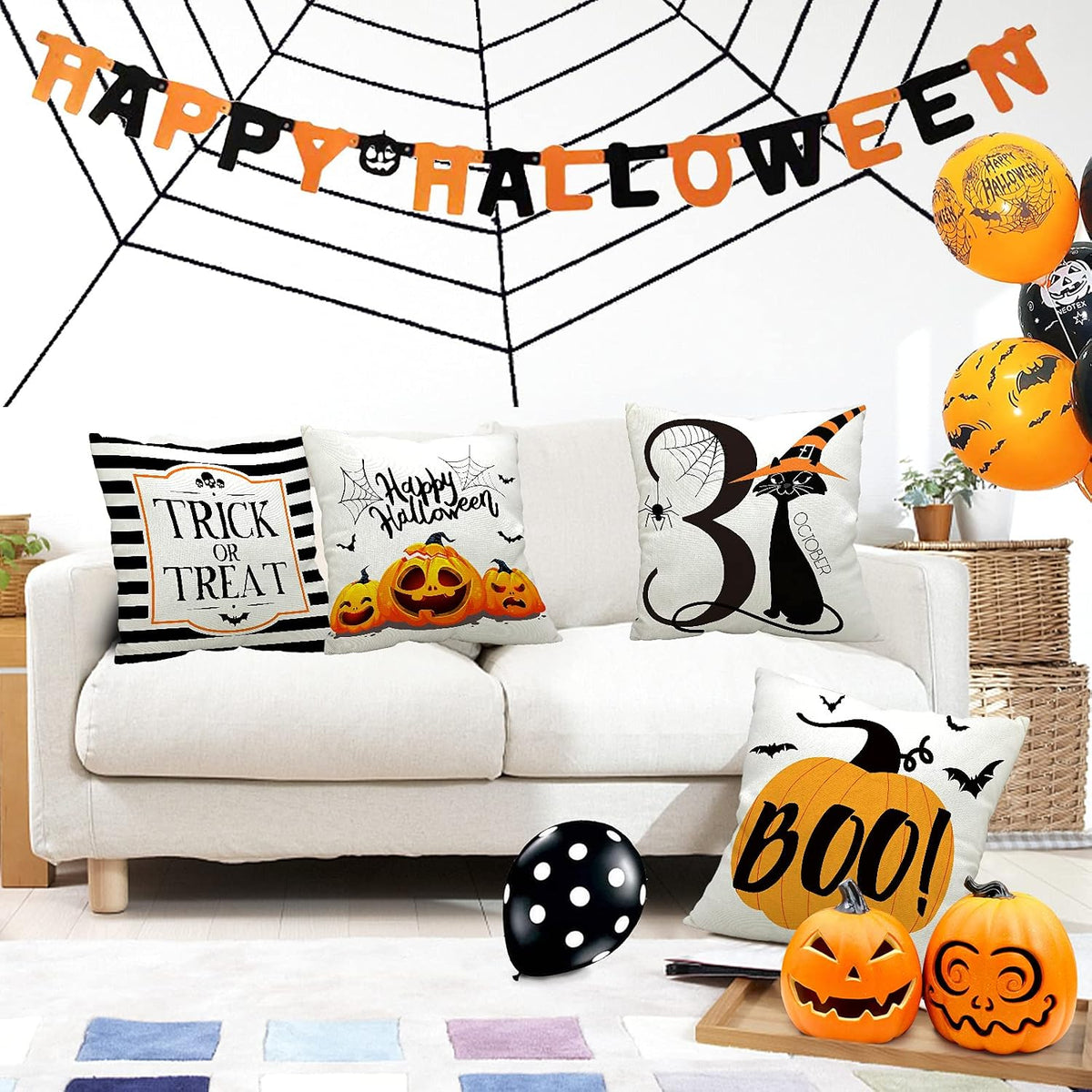 Halloween Pillow Covers 18X18 Set of 4 Trick or Treat Pillow Covers Happy Halloween Linen Sofa Bed Throw Cushion Cover Decoration