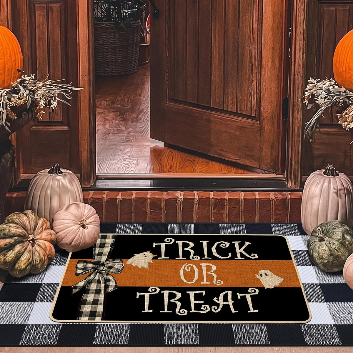 Halloween Doormat Trick or Treat Ghost Bow Decorative Front Door Mat Black Orange Indoor Outdoor Mats Non-Slip Rubber Backing Seasonal Kitchen Entrance Floor Decoration 17 X 29 Inch